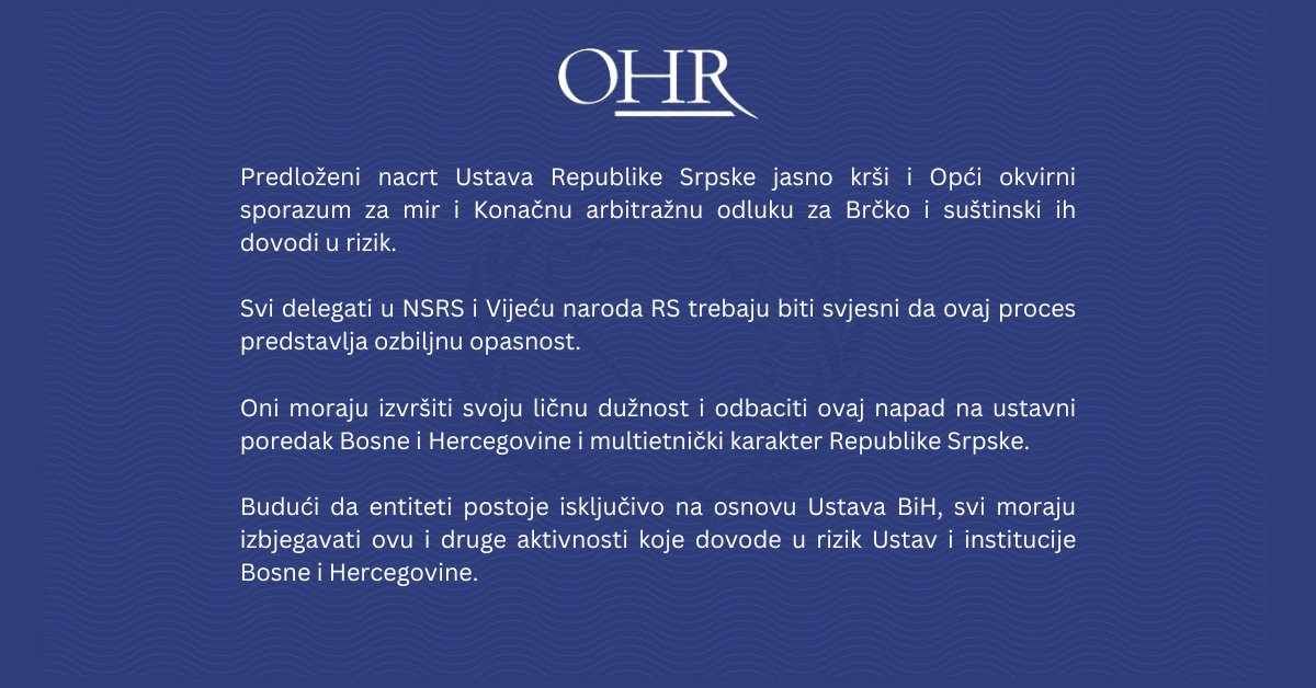 OHR: Novi ustav RS je ozbiljna prijetnja, delegati NSRS-a dužni odbiti napad na ustavni poredak BiH
