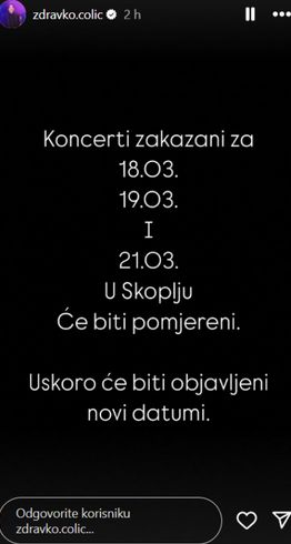 Zdravko Čolić zbog tragedije u Kočanima otkazao je nadolazeće nastupe u Skoplju.