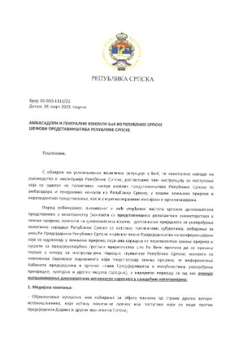 Objavljujemo dokument: Cvijanović i Dodik izdali 'instrukcije' ambasadorima i konzulima