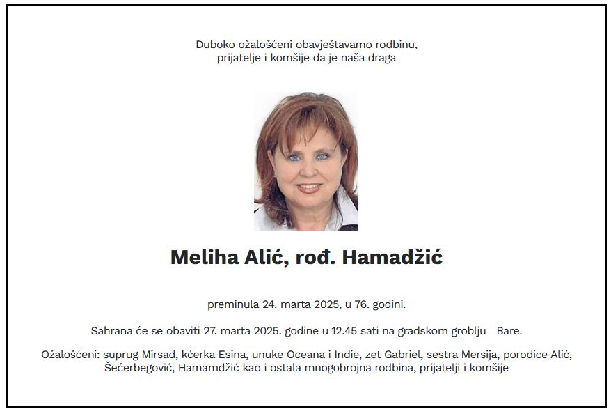Preminula Meliha Alić, bivša federalna ministrica obrazovanja i jedna od osnivačica Stranke za BiH