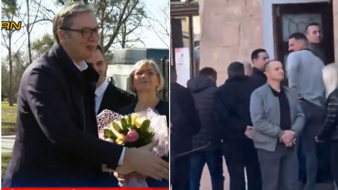 Nedaleko od ulaza okupili su se nezadovoljni građani koji su zviždali i gađali jajima Vučevića