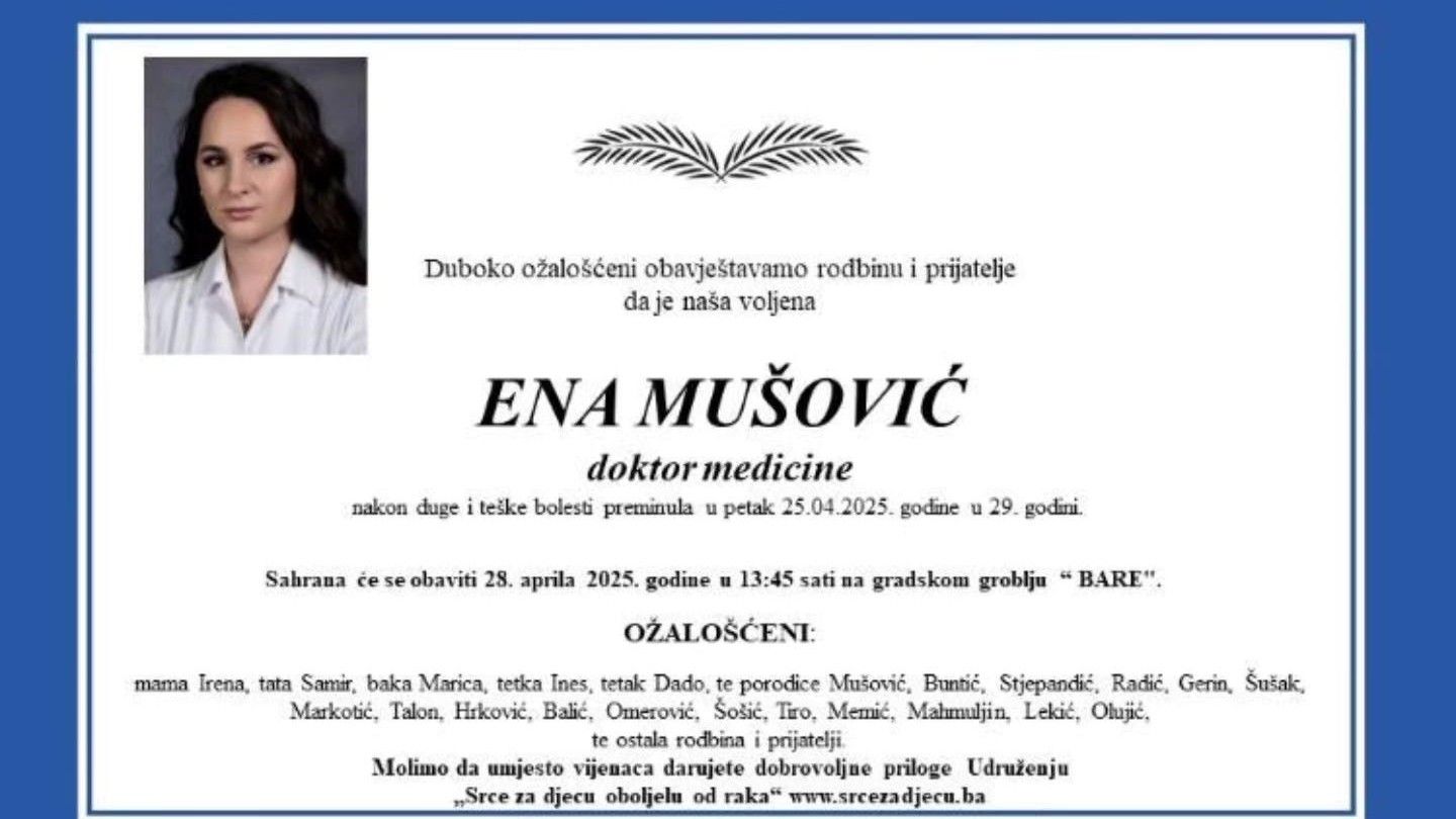 Neizmjerna tuga: Preminula mlada doktorica Ena Mušović, a želja njene porodice slama srca