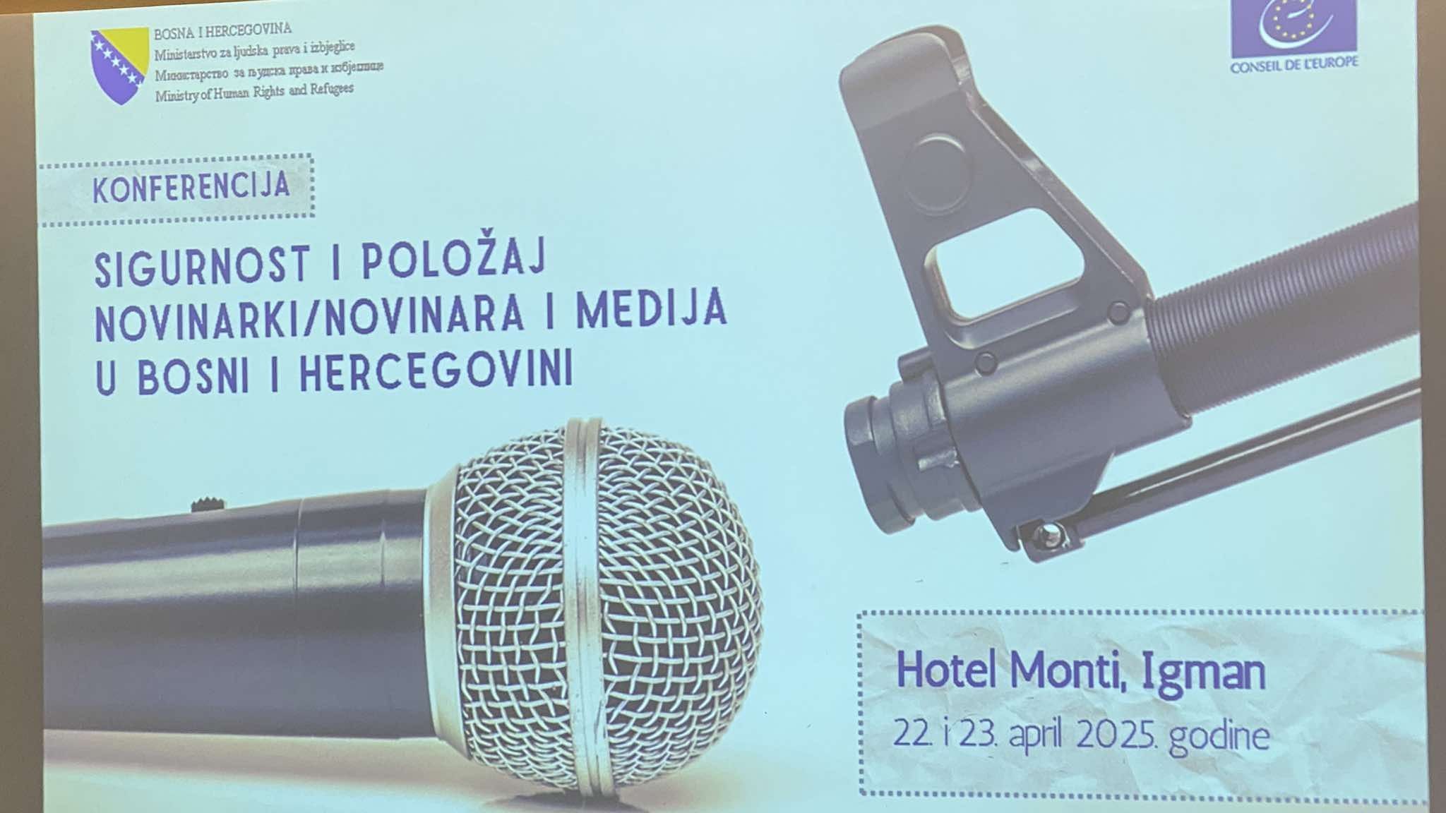 Konferencija će trajati dva dana, a bit će održana IV panela o temama: 'Pritisci i napadi', 'Zakoni i sigurnost', 'Etika ili klikovi', 'Mediji u BiH i međunarodna podrška'