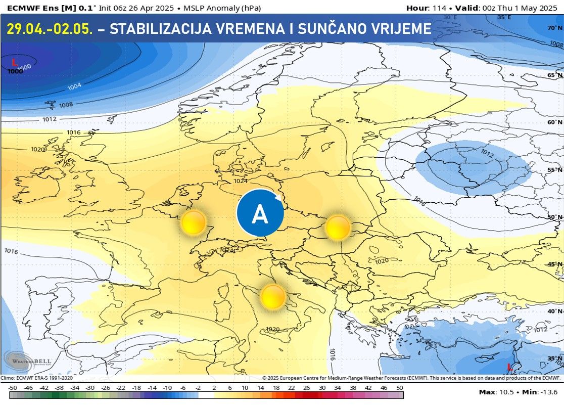 Stabilizacija vremena će potrajati do pred kraj sljedeće sedmice, odnosno do 03.05. kada je moguć prodor hladne fronte sa sjevera...