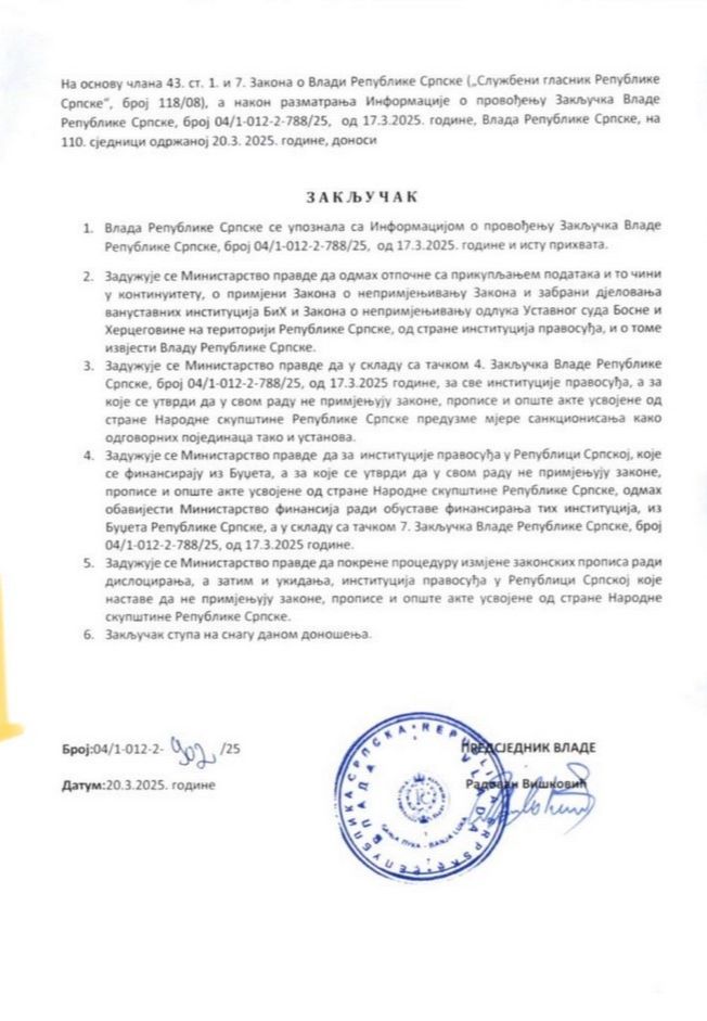 Upozorili pravosuđe entiteta: Prekinite saradnju sa državnim pravosuđem ili ostajete bez novca