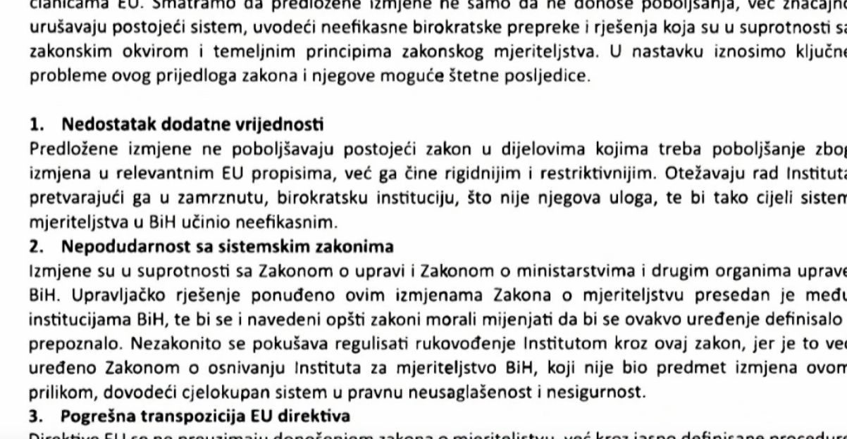Pokušavaju ukazati na navodne nedostatke u predloženim izmjenama i dopunama Zakona o mjeriteljstvu.