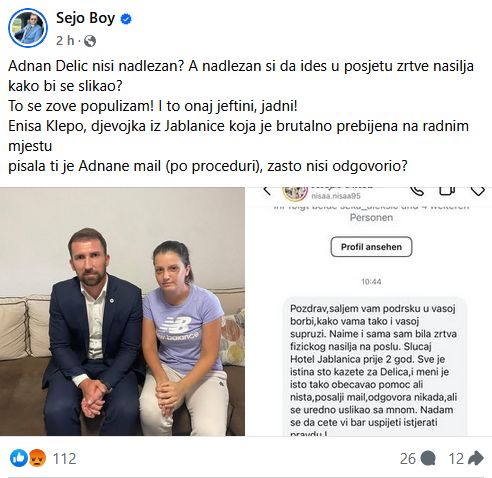 Po onome što piše Boy, a uz objavljenu i poruku Enise Klepo, Deliću se ona obratila, ali od njega nikakve pomoći