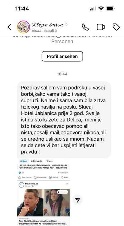 Po onome što piše Boy, a uz objavljenu i poruku Enise Klepo, Deliću se ona obratila, ali od njega nikakve pomoći