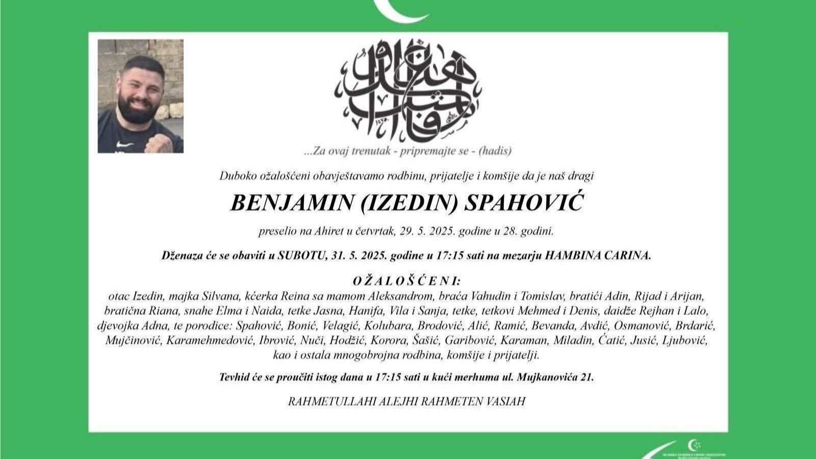 Poznat termin dženaze Benjaminu Spahoviću