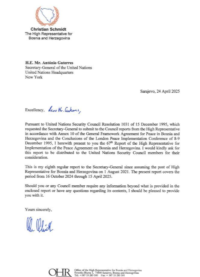 Schmidt pisao generalnom sekretaru UN-a: Vlasti RS izvele neviđeni napad na ustavni poredak BiH