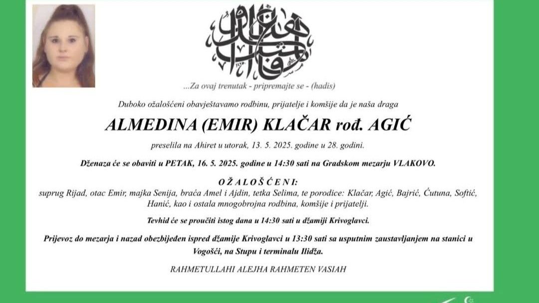 Iza Almedine su ostali suprug Rijad, otac Emir, majka Senija, braća Amel i Ajdin, te mnogobrojna rodbina, prijatelji i komšije...