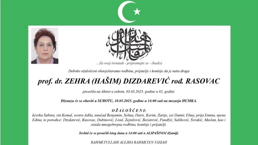Poznat termin dženaze istaknutoj doktorici Zehri Dizdarević