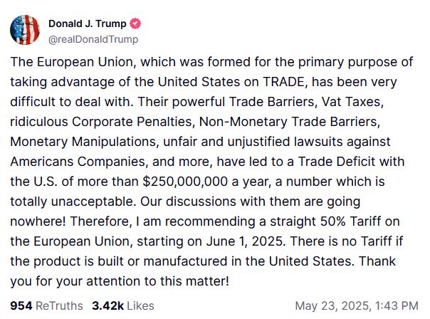 Trump prijeti Europskoj uniji s carinama od 50 posto