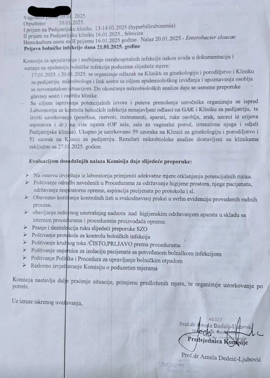 Kako navodi, infekcija je potvrđena samo za tri novorođenčeta, iako ih je po informacijama koje posjeduje bilo šest ili sedam.