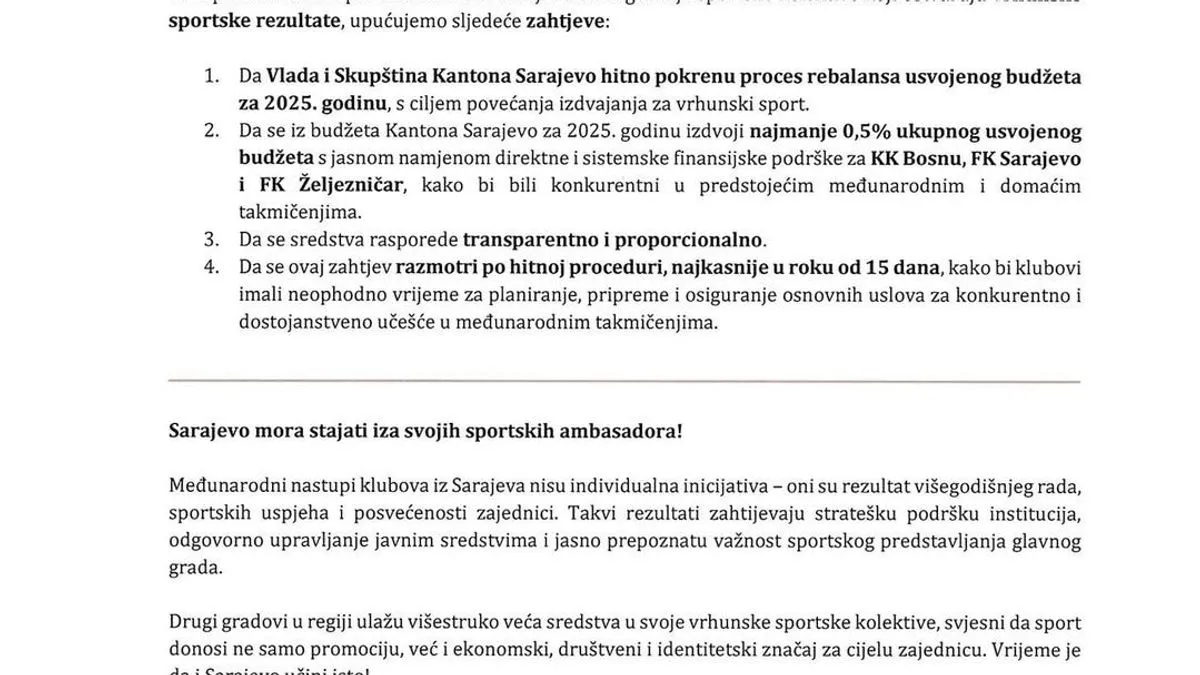 Iz klubova su poručili da Sarajevo mora stajati iza svojih sportskih ambasadora