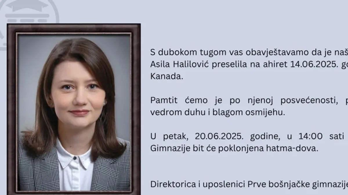 Asila Halilović, bivša profesorica u Prvoj bošnjačkoj gimnaziji, preminula je proteklog vikenda u Kanadi.