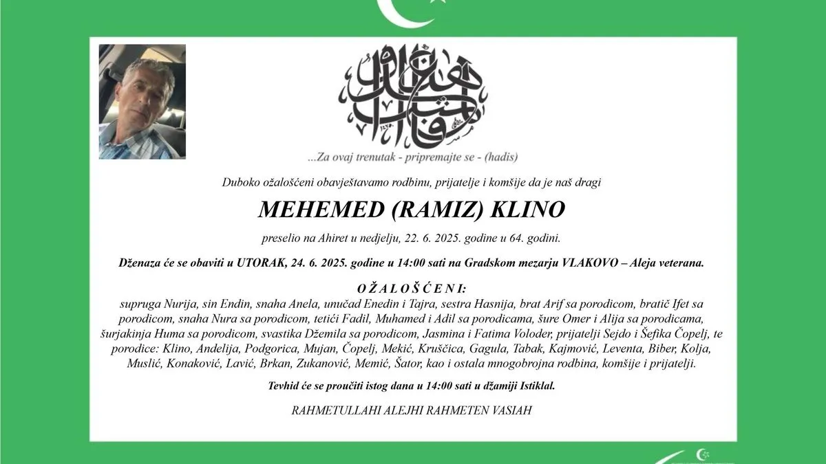 Uposlenici KJKP "RAD" d.o.o. Sarajevo opraštaju se od svog kolege Mehmeda Kline koji je preminuo u 64. godini života.