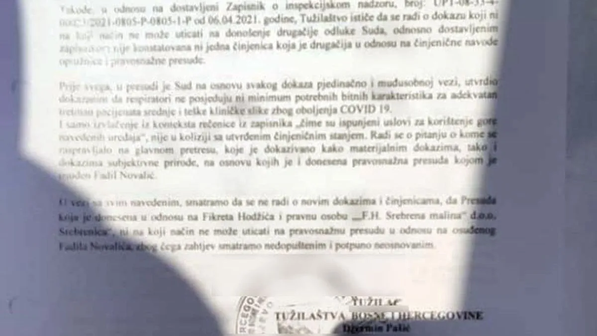 Jahić je u pisanoj žalbi podsjetio na Zapsinik koji je utvrdio činjenično stanje ispravnosti respiratora jer su u medijima proglašeni kao bomba za ljudski život
