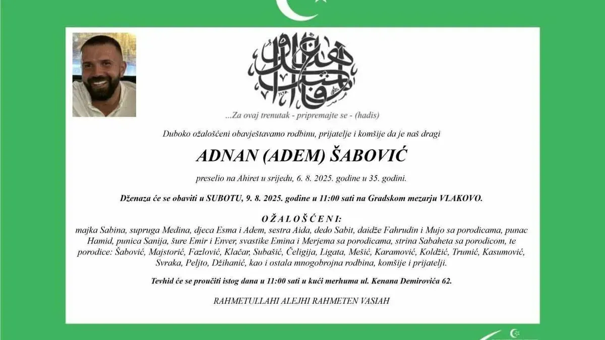 Dženaza će biti obavljena danas u 11 sati, na Gradskom mezarju Vlakovo