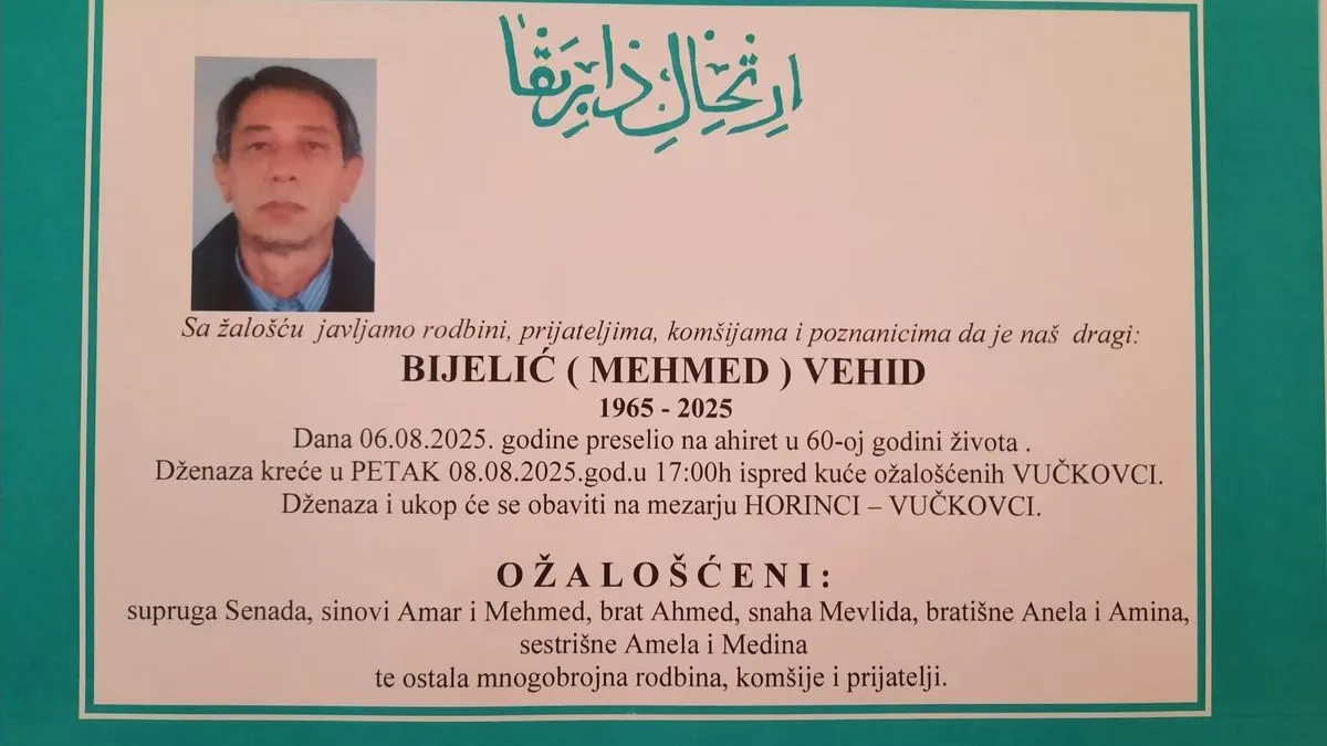 Iza nastradalog Vehida ostala je neutješna supruga Senada i sinovi Amar i Mehmed.