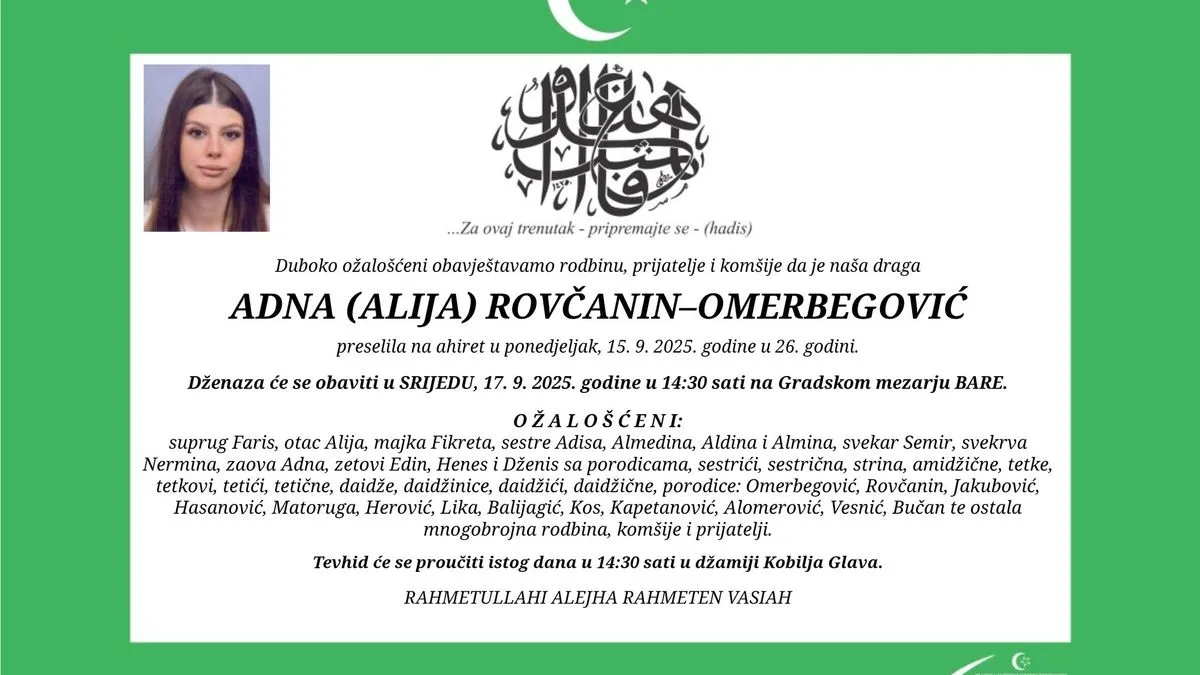 Tuga u Sarajevu: Klanjana dženaza mladoj Adni, kojoj je pozlilo na vlastitoj svadbi