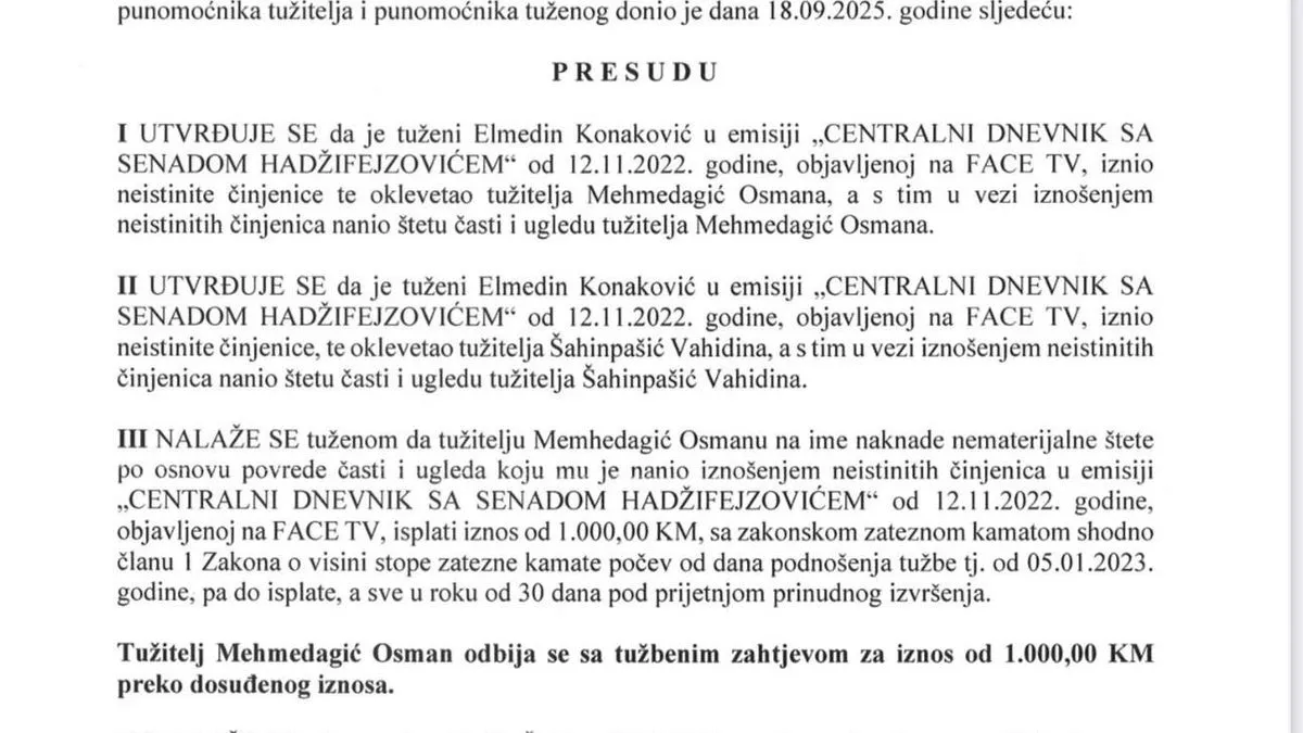 Prema odluci Suda, Konaković mora Mehmedagiću isplatiti 1.000 KM a Šahinpašiću 800 KM 