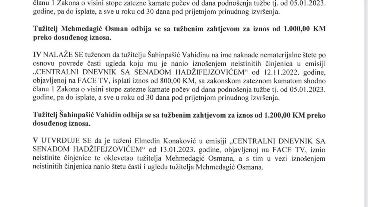 Prema odluci Suda, Konaković mora Mehmedagiću isplatiti 1.000 KM a Šahinpašiću 800 KM 