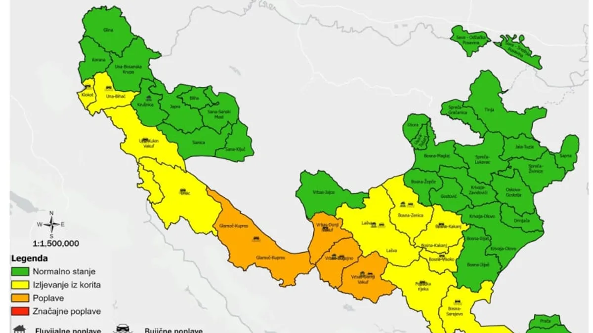 U naredna dva dana prognozirano je vanredno hidrološko stanje zbog povišenih vodostaja, mogućeg lokalnog izlijevanja vode te pojave poplava