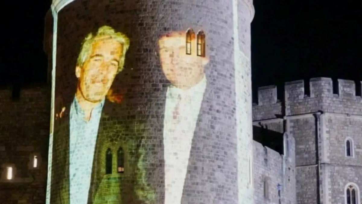 Na zidine dvorca su, osim zajedničke fotografije, projektovane i fotografije Epsteinovih žrtava, vijesti o slučaju...