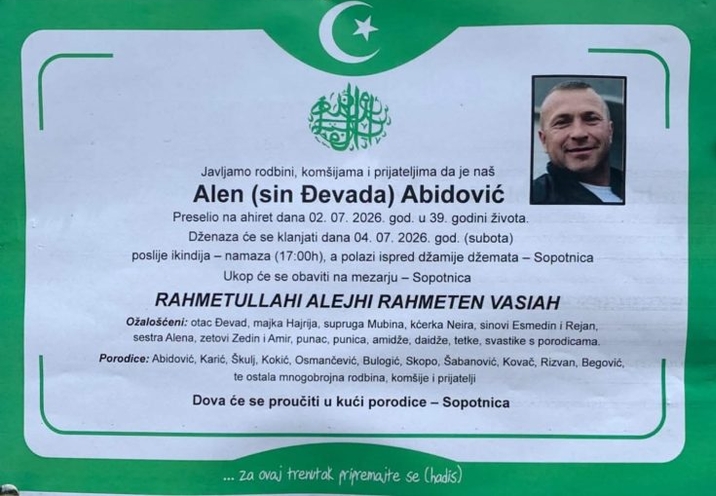 Tuga, bol i jecaji najbližih: Preminuo Alen Abidović, iza njega ostali supruga i troje djece