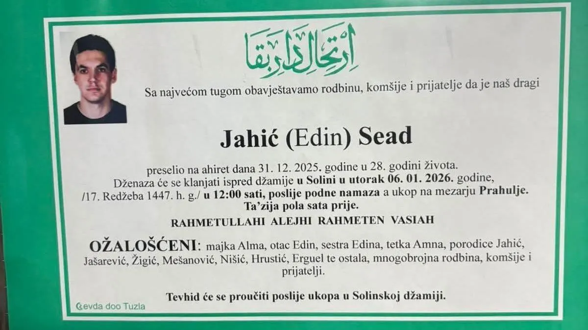 Sutra dženaza nastradalom mladiću Seadu Jahiću iz Tuzle