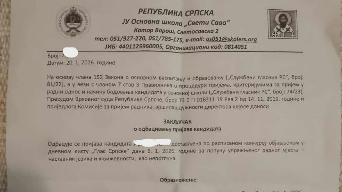 Da li je ovo bio lažni konkurs  u Osnovnoj &scaron;koli 'Sveti Sava' u Kotor Varo&scaron;u?