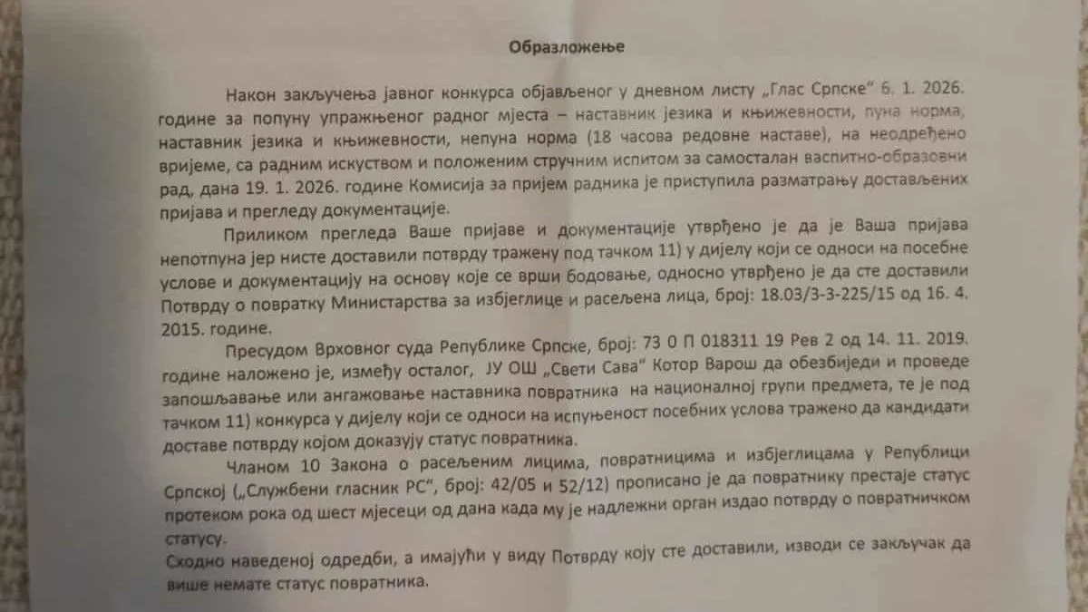 Da li je ovo bio lažni konkurs  u Osnovnoj &scaron;koli 'Sveti Sava' u Kotor Varo&scaron;u?